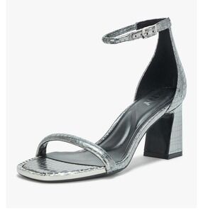 DKNY Womens Silver Metallic Croc Embossed Block Heel Sandal K4432482 Size 7M